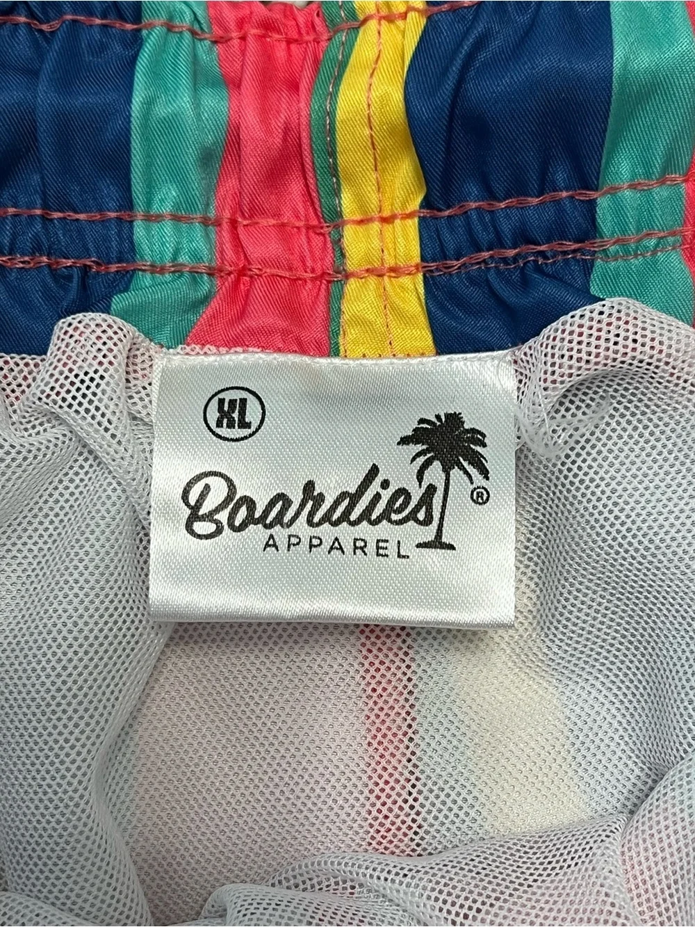 BOARDIES men’s CAKE STRIPE mid length swim shorts drawstring sz XL EUC colorful